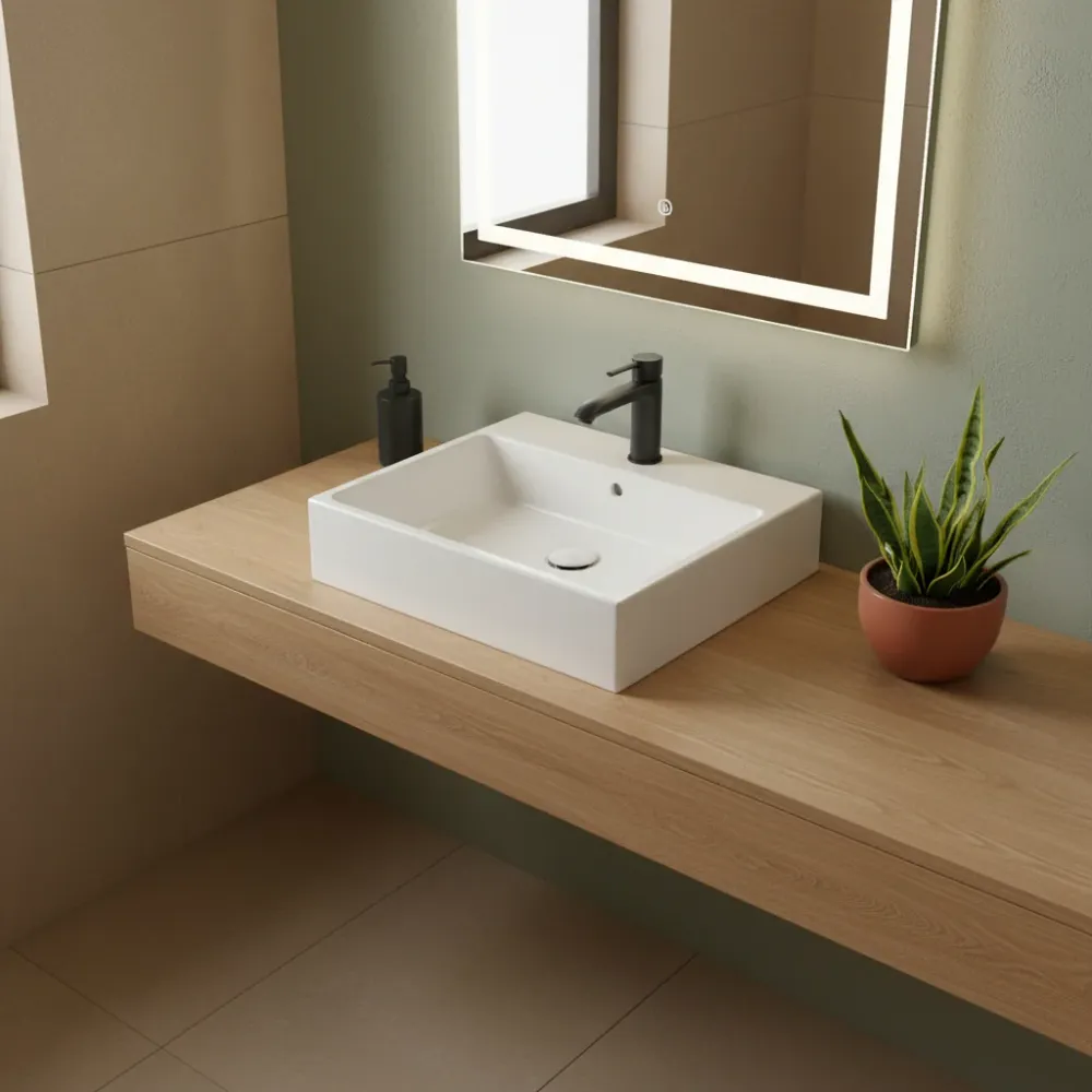 Lavabo da appoggio/sospeso Stone 55x50x13 cm Ceramica Globo Bianco lucido con Carcasa de Latón Forjado