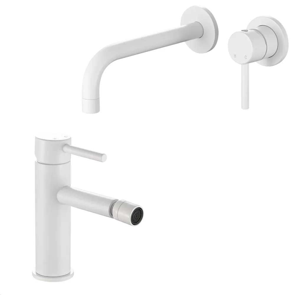 Sistema de Drenaje Par de mezcladores para lavabo empotrado y bidé serie Moon en latón blanco mate