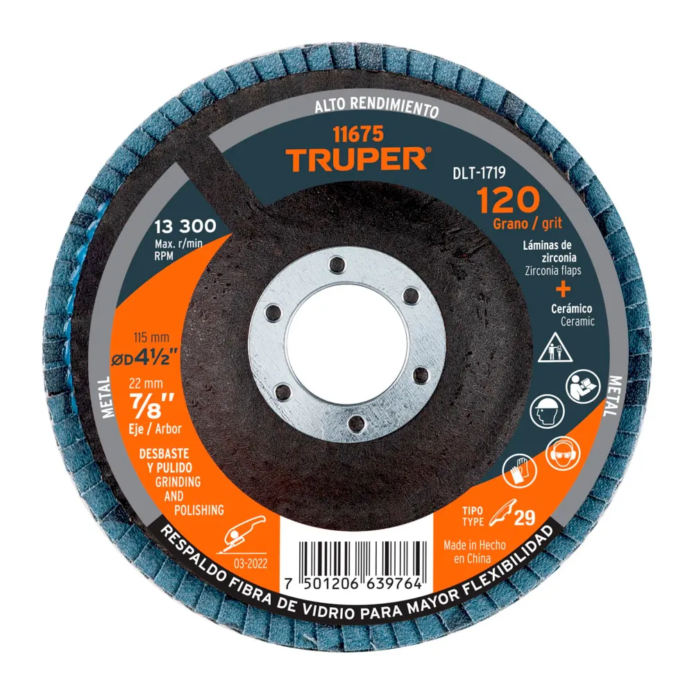 Disco Laminado 4-1/2", Grano 120 Centro 7/8", Fibra, Truper 11675