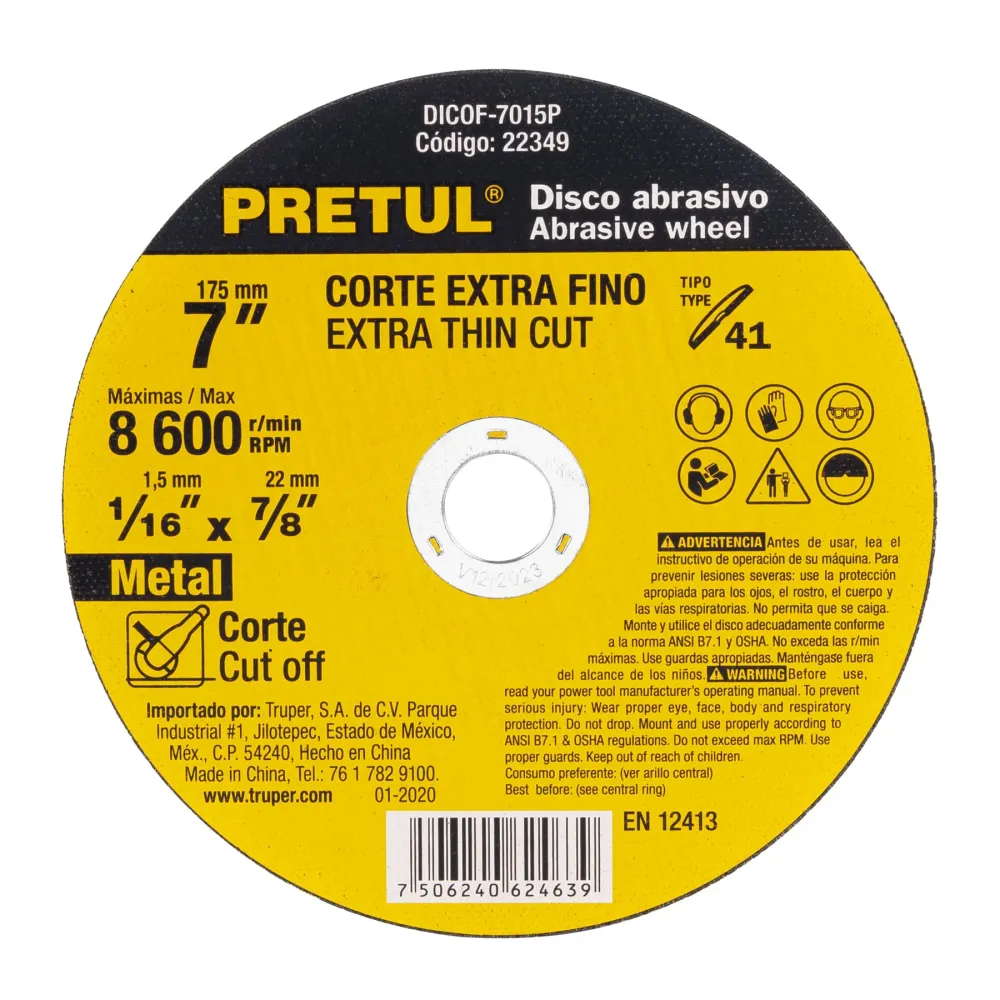 Disco Tipo 41 para corte fino de acero 7", 1.5 mm Pretul con Agujero de 22.2mm