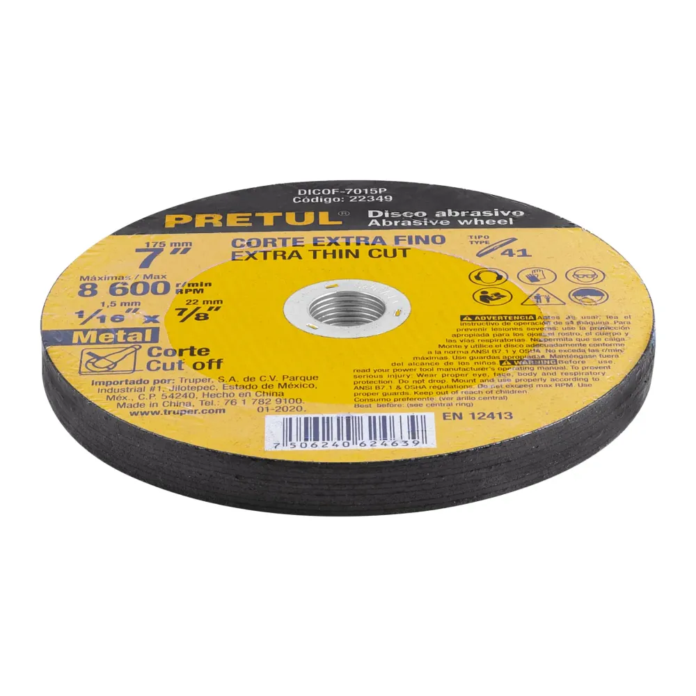 Disco Tipo 41 para corte fino de acero 7", 1.5 mm Pretul con Agujero de 22.2mm