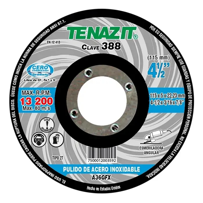 Disco Abrasivo de Desbaste Acero Inoxidable de 4-1/2 x 3/16 x 7/8 Tenazit 388 Alta Resistencia al Desgaste