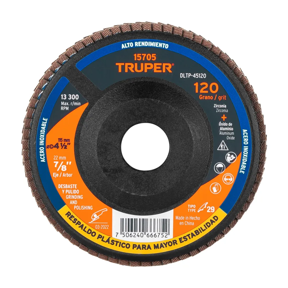 DISCO 4 1/2 LAMINADO RESP PLASTICO, GRANO 120, CENTRO 7/8, TRUPER