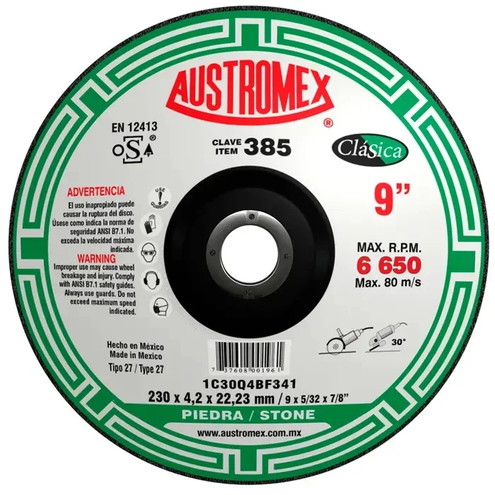 Disco Abrasivo para Desbaste y Corte de Piedra de 9 x 5/32 x 7/8 Austromex 385 para Superficies Cerámicas