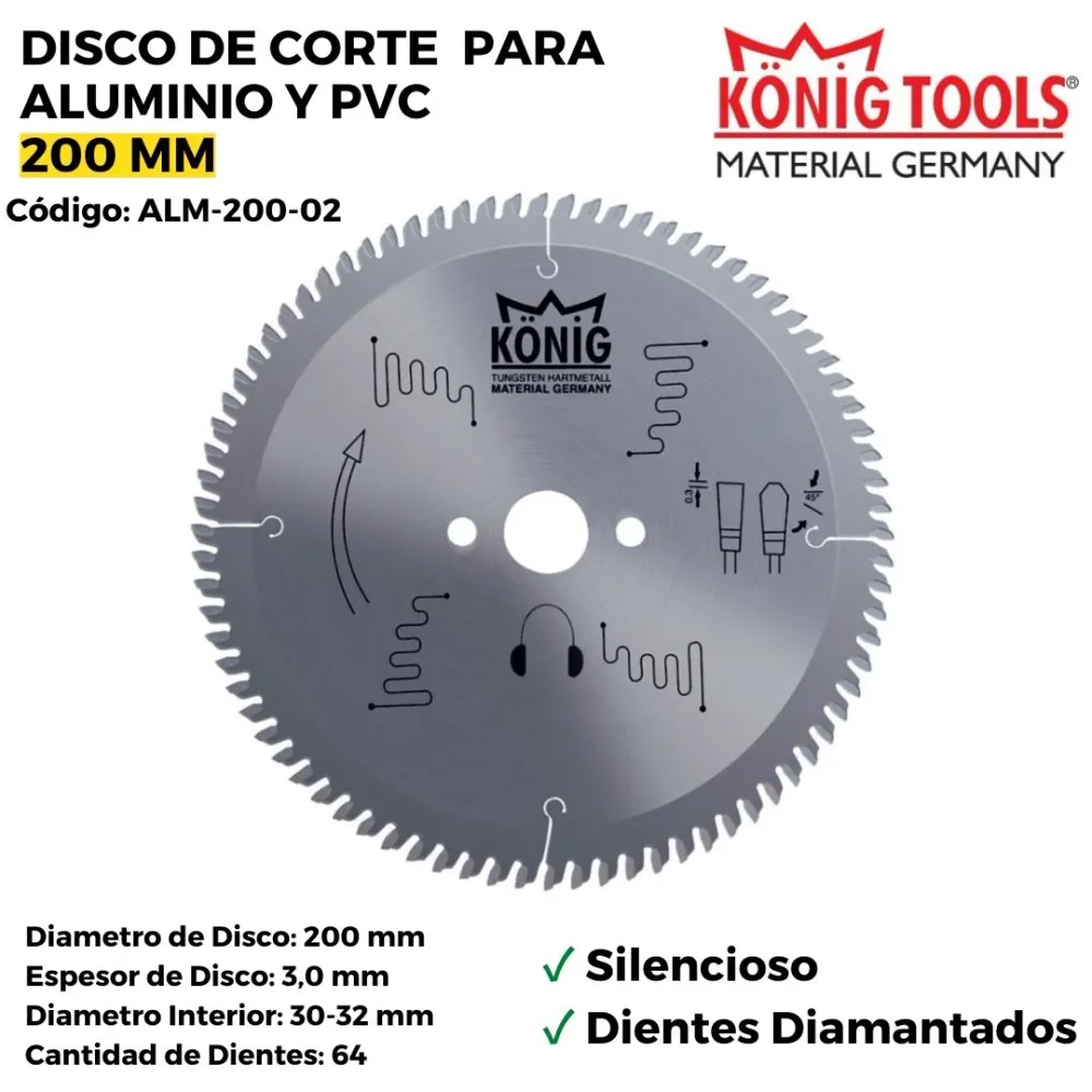DISCO DE CORTE PARA ALUMINIO Y PVC 200 MM SILENCIOSO DIENTES DIAMANTADOS ALM-200-02 con 6 Granulometrías