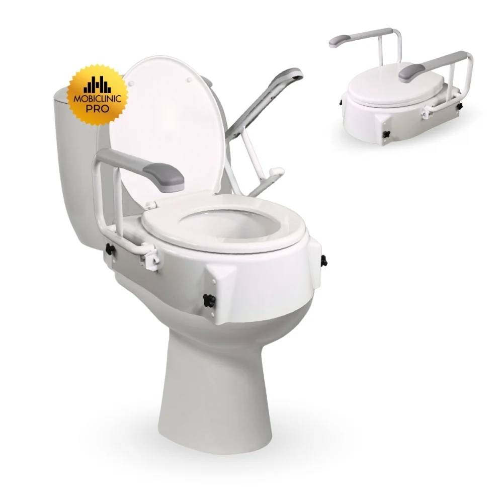 Elevador de WC | Con tapa | Regulable en altura (5-10-15 cm) | Inclinable | Reposabrazos abatibles | Muralla con Sistema d...