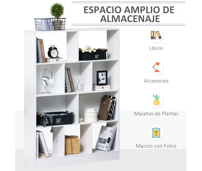 HOMCOM Estanterí Librerí de 4 Niveles con 10 Compartimentos Estantes de Almacenaje Multiusos para Libros Plantas 100x23,8x...
