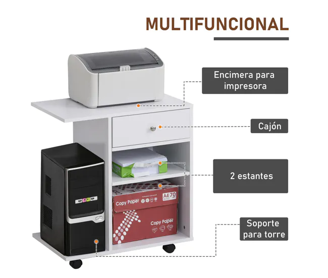 Vinsetto Armario para Impresora de Oficina Carro Multifuncional con Ruedas 2 Compartimentos Cajón y Soporte para CPU Estan...