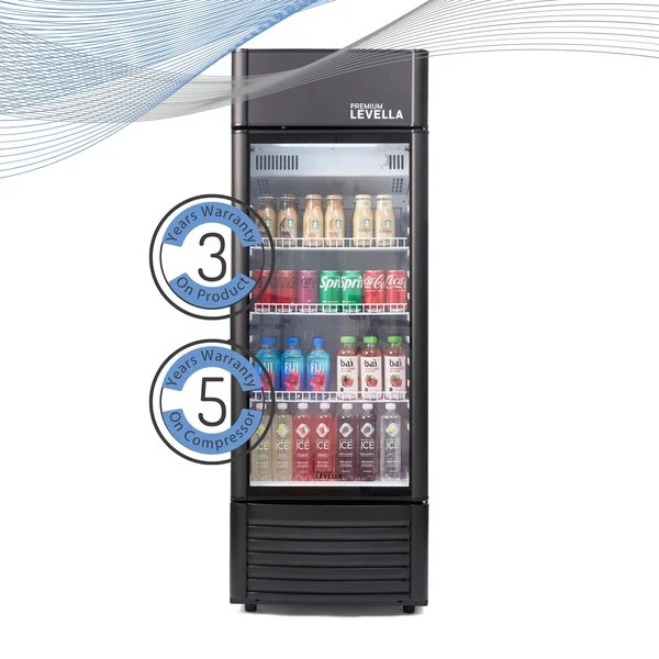 Refrigerador vertical de exhibición Superior Levella® de 6.5 pies cúbicos con puerta de vidrio simple. Refrigerador exposi...