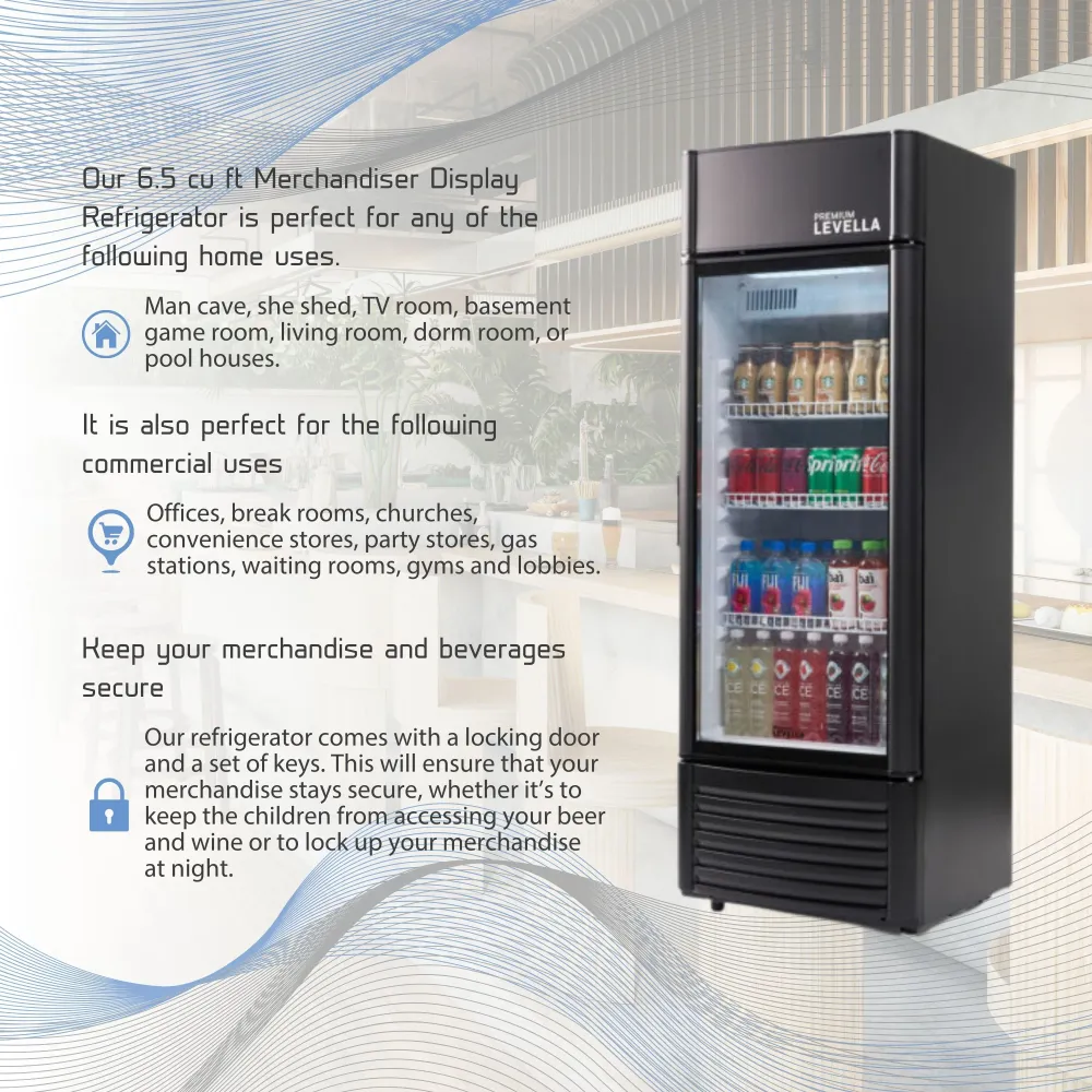Refrigerador vertical de exhibición Superior Levella® de 6.5 pies cúbicos con puerta de vidrio simple. Refrigerador exposi...