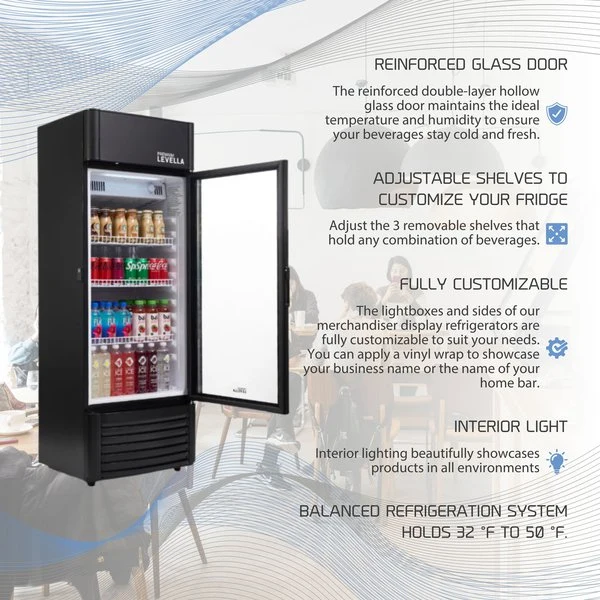 Refrigerador vertical de exhibición Superior Levella® de 6.5 pies cúbicos con puerta de vidrio simple. Refrigerador exposi...