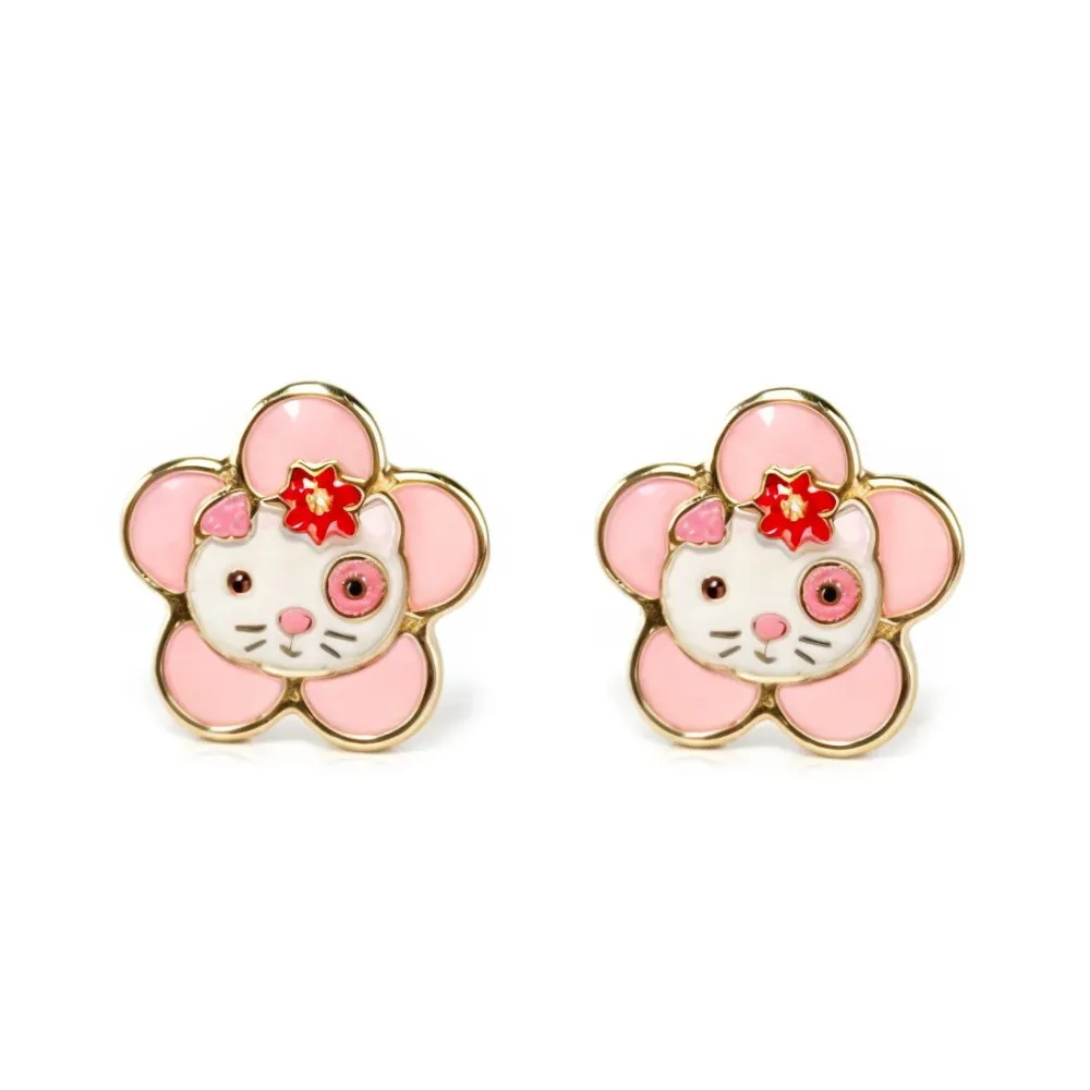 Eslinga de Poliéster Pendientes Niñ Oro Amarillo 18K Gato Esmalte Policromático Brillo