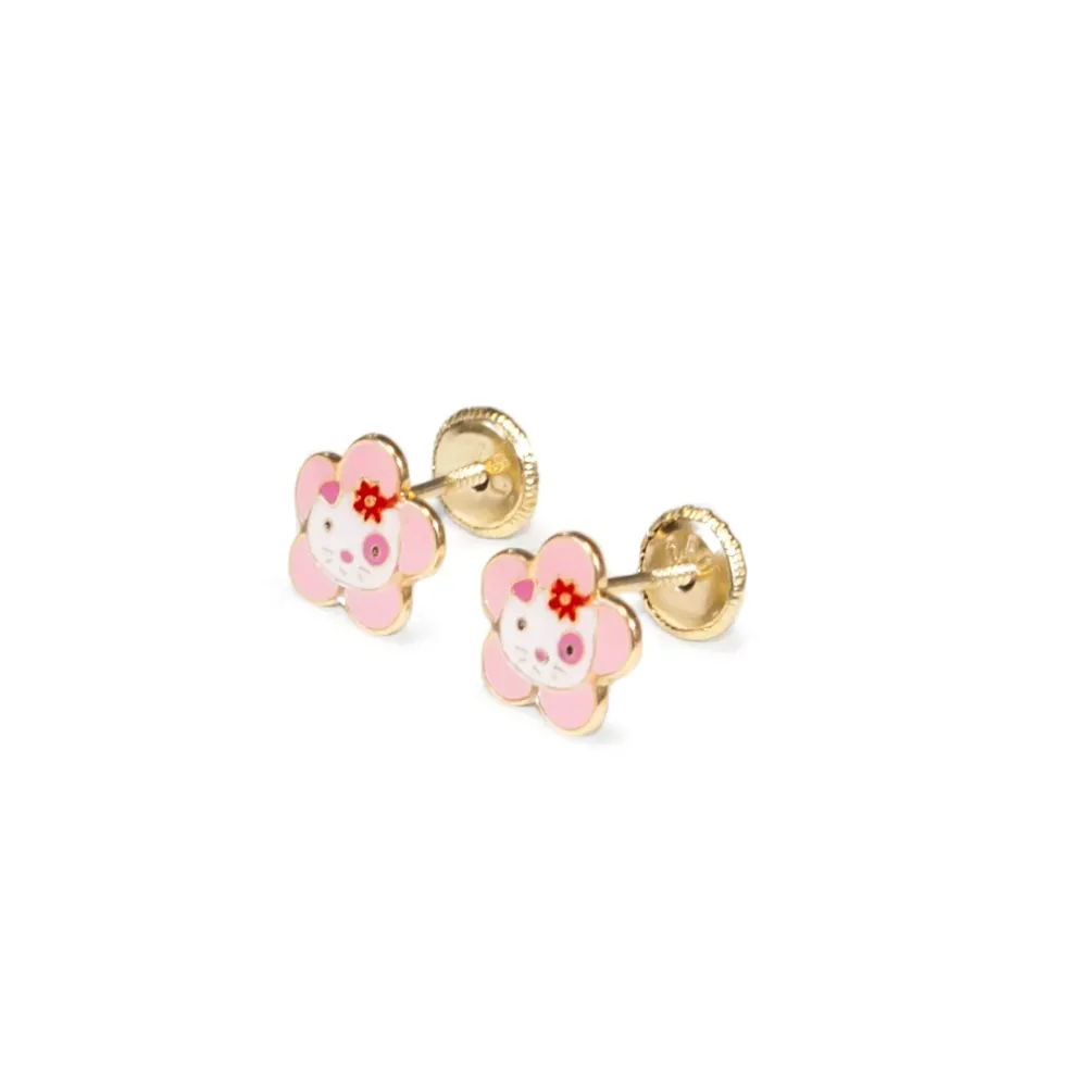 Eslinga de Poliéster Pendientes Niñ Oro Amarillo 18K Gato Esmalte Policromático Brillo
