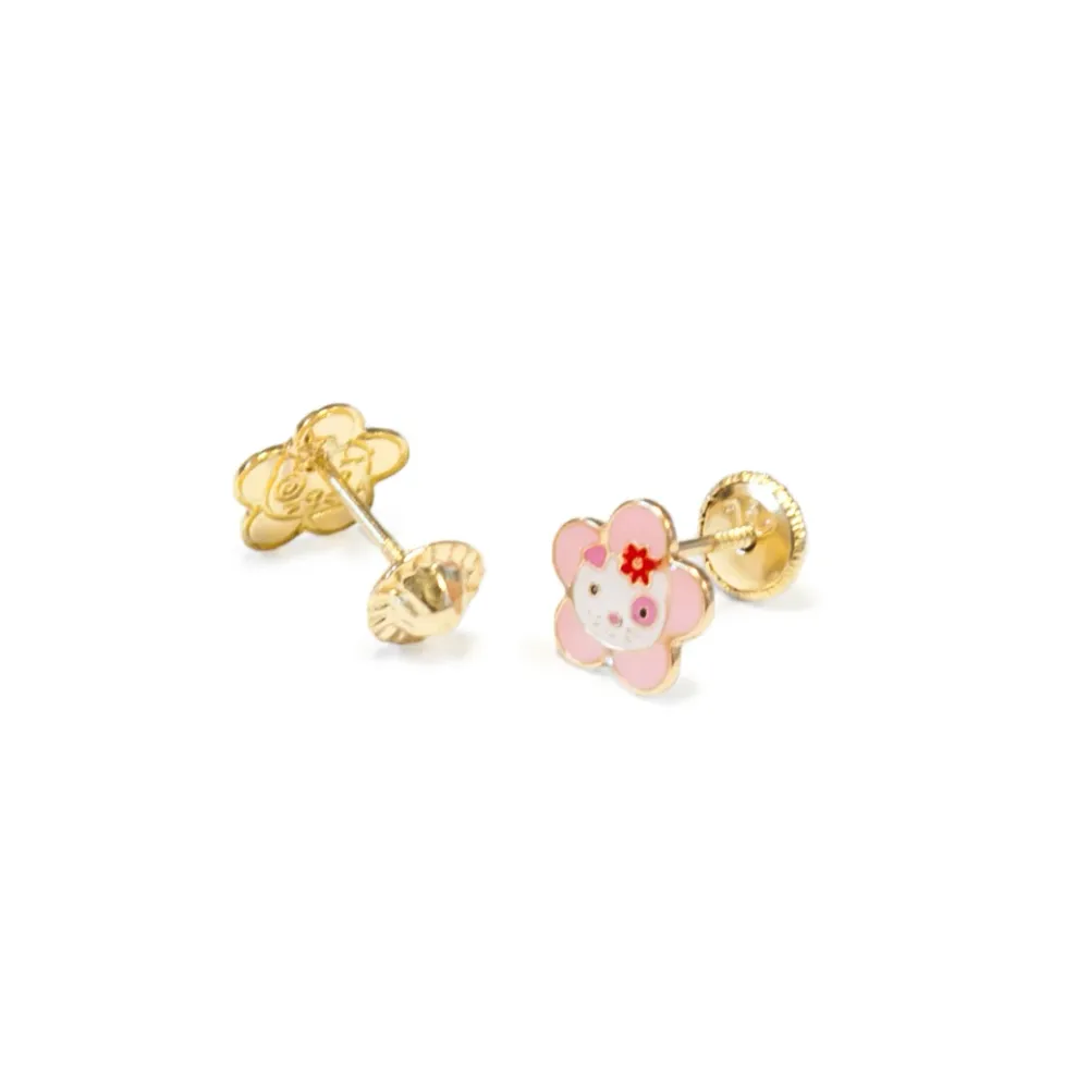Eslinga de Poliéster Pendientes Niñ Oro Amarillo 18K Gato Esmalte Policromático Brillo