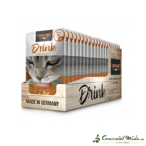 Malacate Eléctrico LEONARDO DRINK Duck + Extra Pulled Beef Alimento para Gatos Adultos Pack 16x70 gr