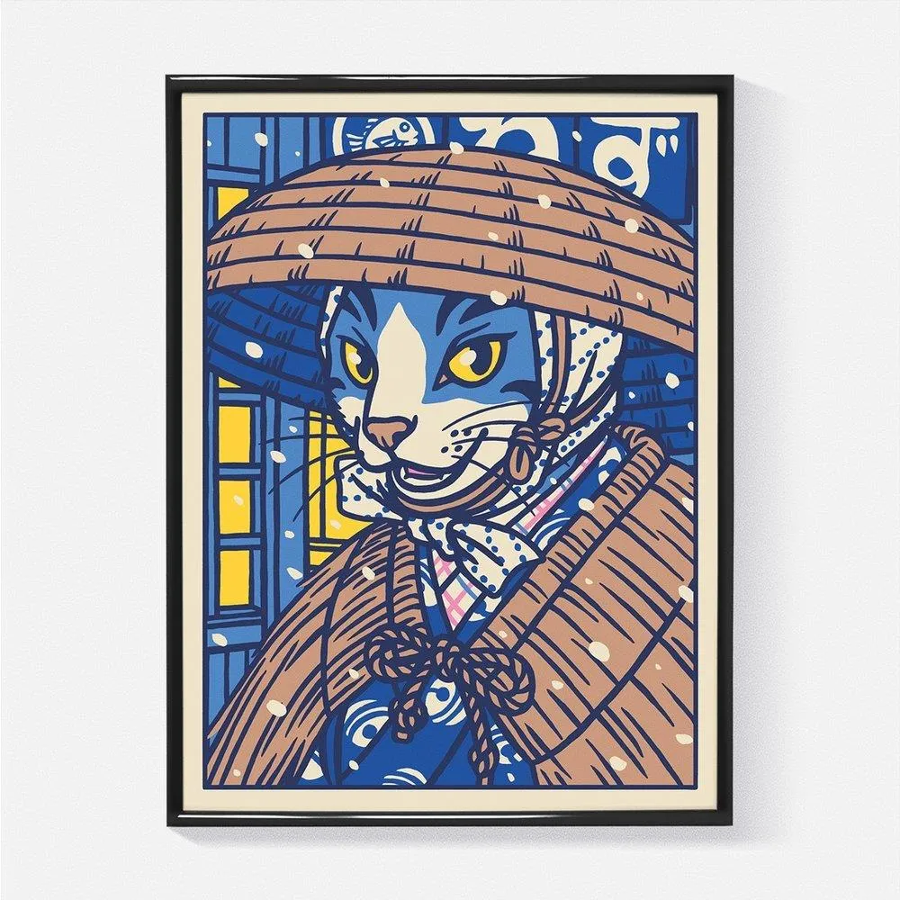 Poster “Gato saliendo de un restaurante en la nieve” 30x40 cm. Heavy Duty