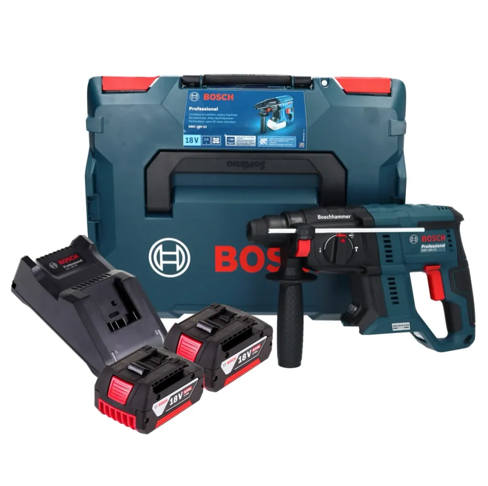 Bosch GBH 18V-21 Taladro percutor inalámbrico profesional 18 V 2,0 J sin escobillas + 2x baterías 5,0 Ah + cargador + L-BO...