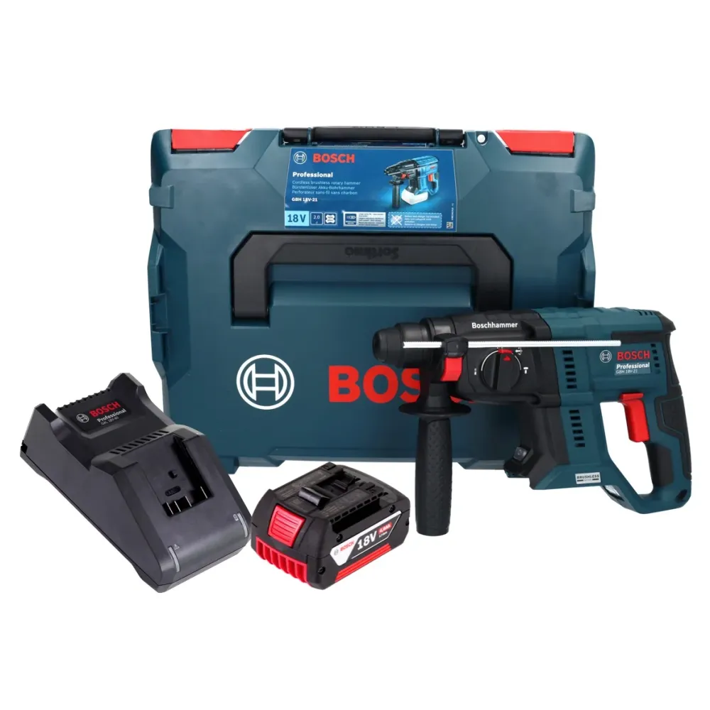 Bosch GBH 18V-21 Taladro percutor profesional sin cable 18 V 2,0 J sin escobillas + 1x baterí 4,0 Ah + cargador + L-BOXX B...