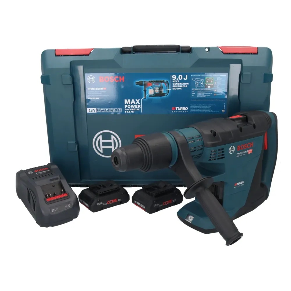 Bosch GBH 18V-40 C Taladro percutor inalámbrico profesional 18 V 9,0 J SDS max BITURBO Brushless + 2x baterí ProCORE 4,0 A...