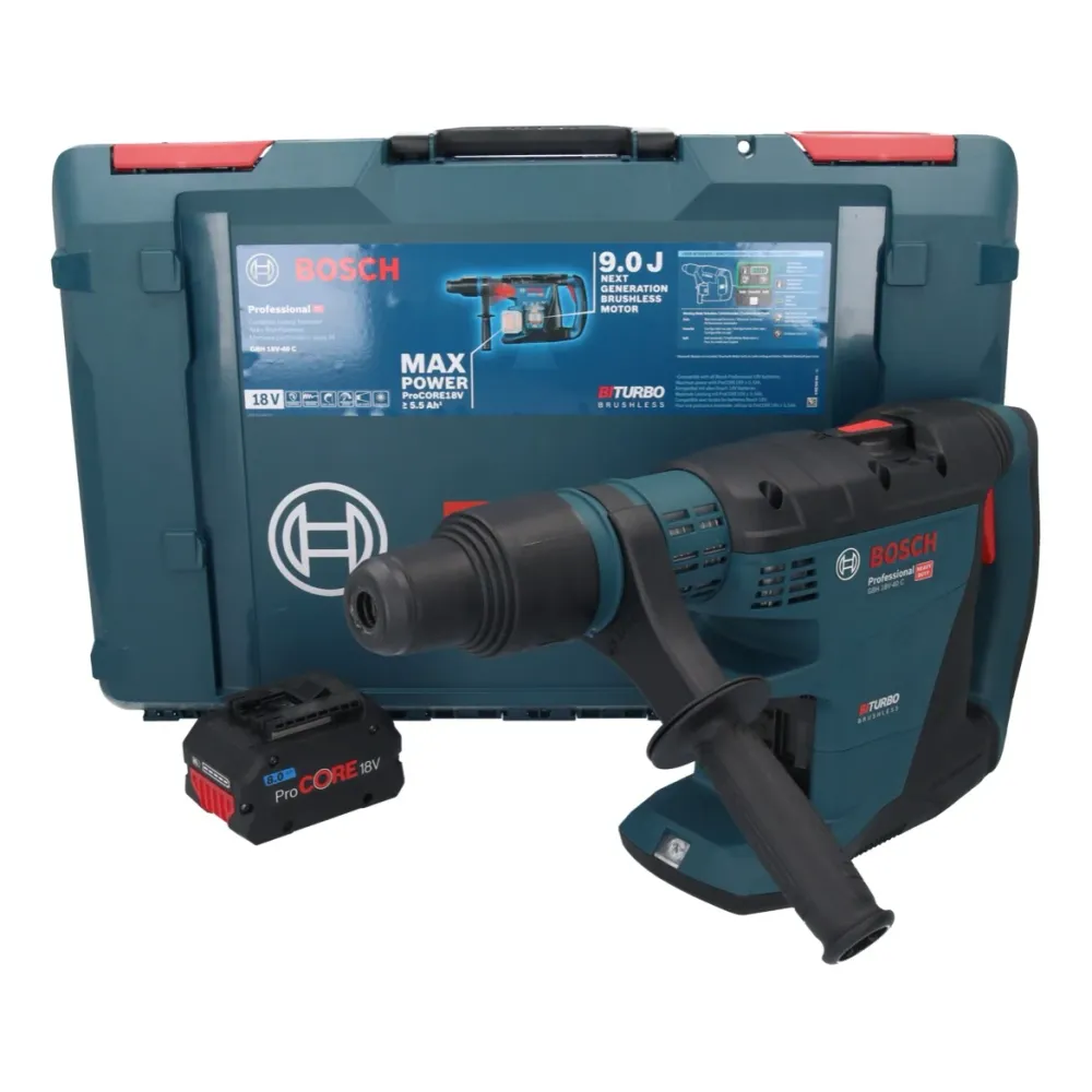 Bosch GBH 18V-40 C Taladro percutor inalámbrico profesional 18 V 9,0 J SDS max BITURBO Brushless + 1x baterí ProCORE 8,0 A...