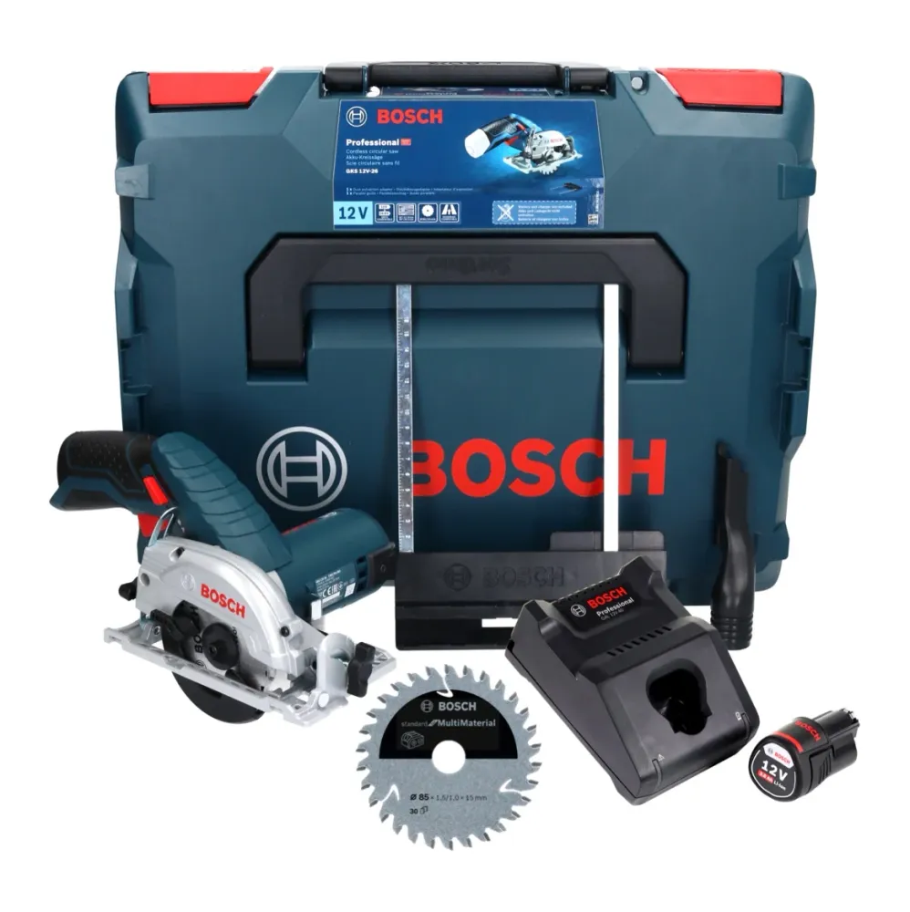 Sierra circular inalámbrica Bosch GKS 12V-26 Professional 12 V 85 mm + 1x baterí 3,0 Ah + cargador + hoja de sierra + L-Bo...