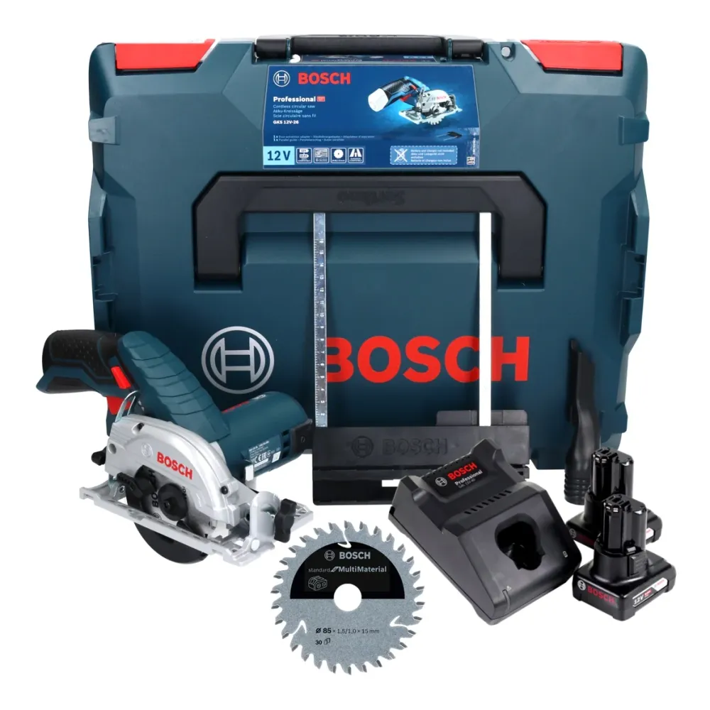 Sierra circular inalámbrica Bosch GKS 12V-26 Professional 12 V 85 mm + 2x baterías 6,0 Ah + cargador + hoja de sierra + L-...