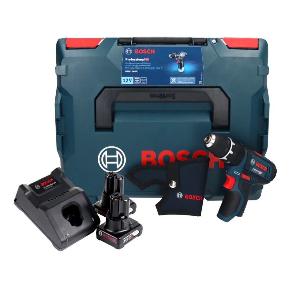 Taladro percutor baterí Bosch GSB 12V-15 Professional 12 V 30 Nm + 2x baterías recargables 6.0 Ah + cargador + L-Boxx Bosc...