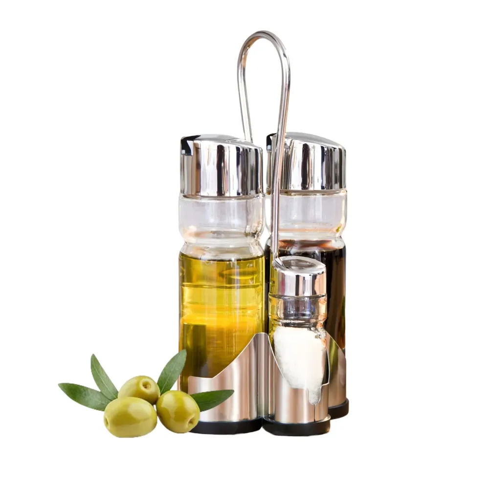 DAMDAM GO Juego de Aceitera y Vinagrera, Vidrio, Inoxidable, Set de Aceite y Vinagre para Mesa con Soporte, Color Acero y...
