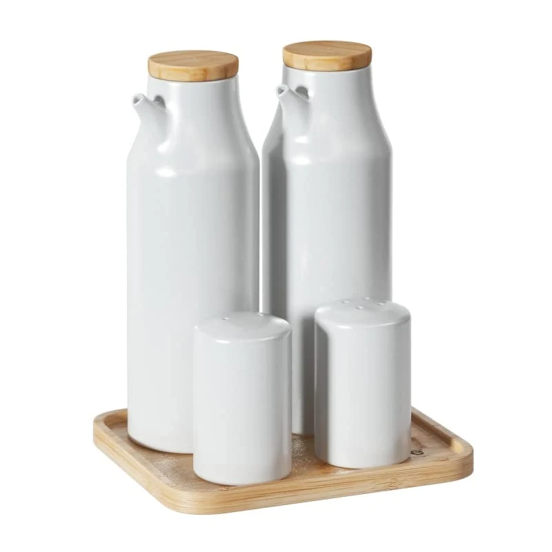 Juego de aceitera, vinagrera, salero y pimentero porcelana blanca con bandeja bambu - Juego Aceitera… damdamgo