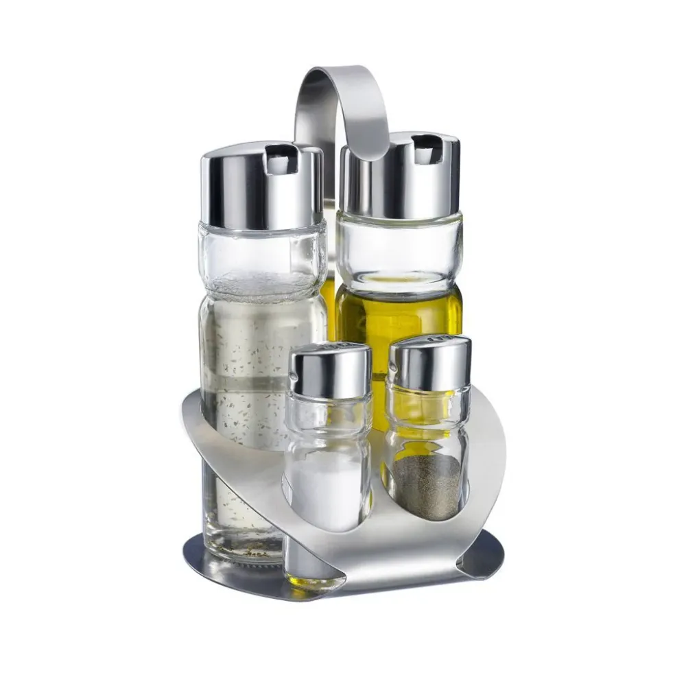Set de Aceitera y Vinagrera, Vidrio, Acero Inoxidable, Juego de 4 Especieros, con Asa Fácil Transporte, Ideal Para Cocina,...