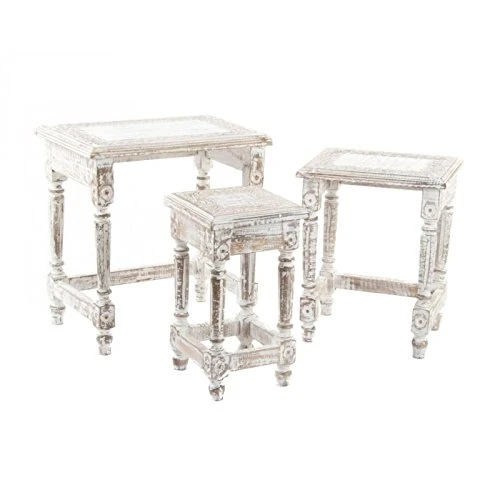 Set 3 mesita Auxiliar de Madera Tallada Natural damdamgo