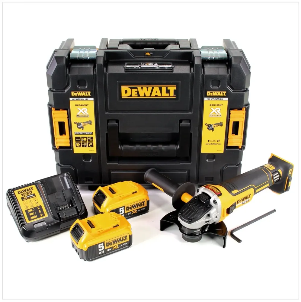 Amoladora angular baterí DeWalt DCG 405 P2 18V 125mm brushless + 2x baterí 5.0Ah + cargador + TSTAK