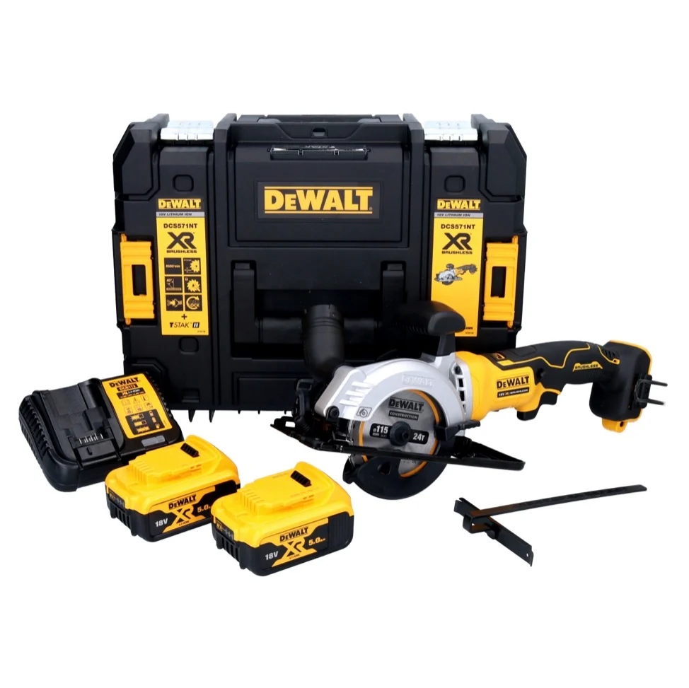 DeWalt DCS 571 P2 Sierra circular sin cable 18 V 115 mm sin escobillas + 2x baterí 5,0 Ah + cargador + TSTAK