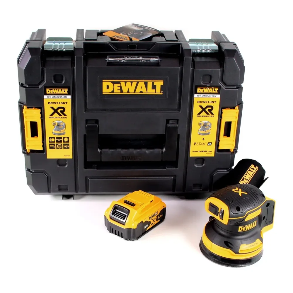 Lijadora excéntrica sin cable y sin escobillas DeWalt DCW 210 NT 18V 125 mm + 1x baterí 5,0 Ah + maletín de transporte - s...