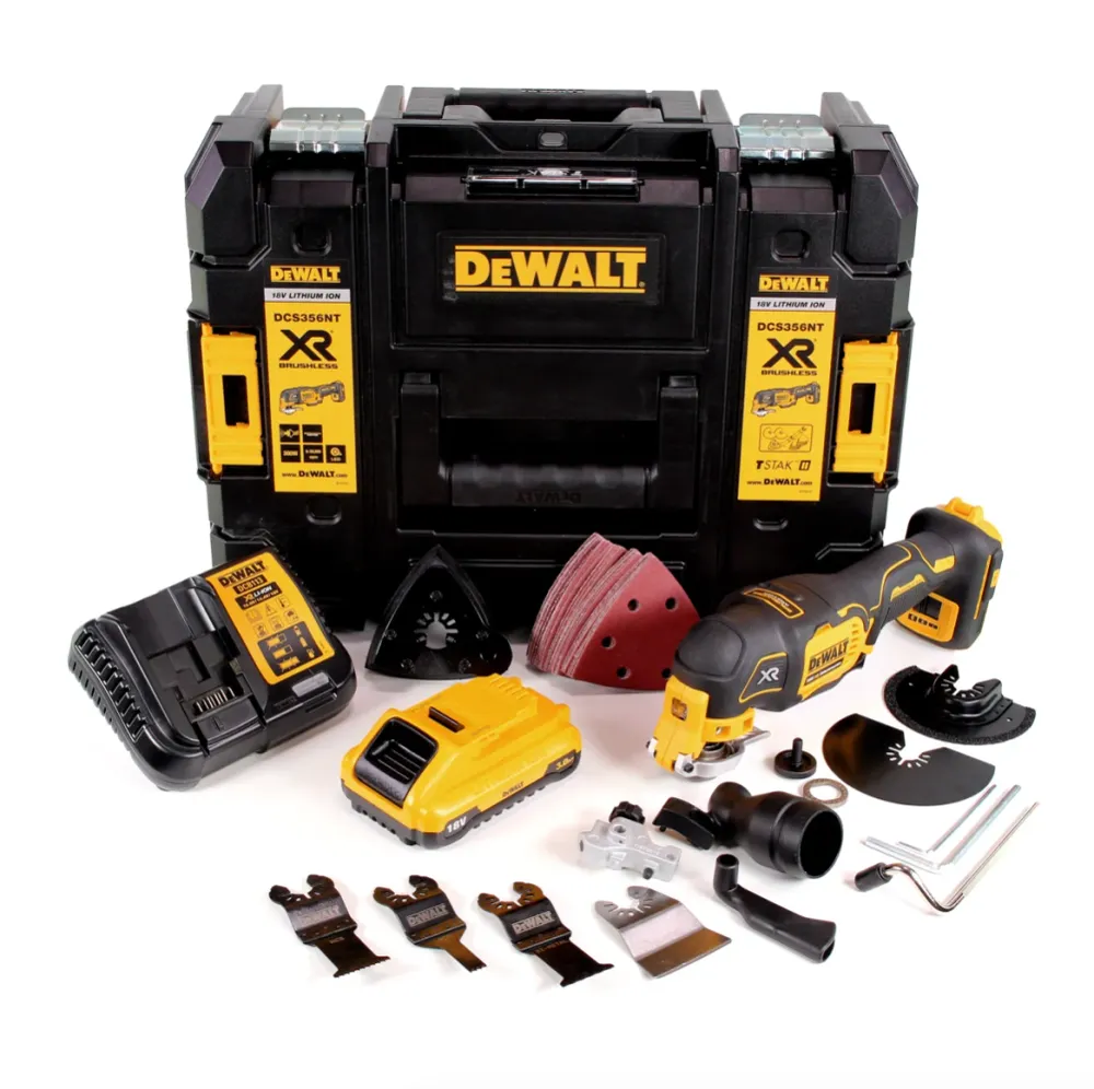 Multiherramienta baterí DeWalt DCS 356 L1 18V sin escobillas + 35 piezas. Accesorios + 1x baterí 3.0Ah + cargador + TSTAK