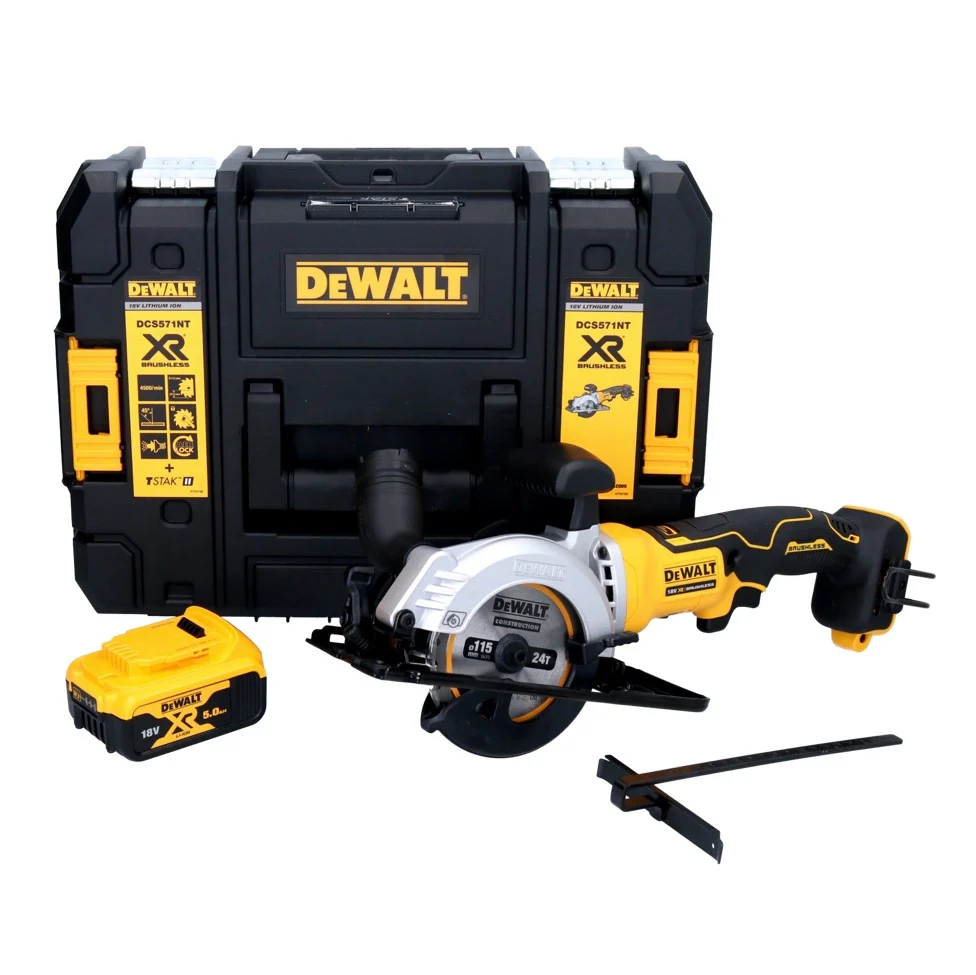 Sierra circular sin cable DeWalt DCS 571 18 V 115 mm sin escobillas + 1x baterí 5,0 Ah + TSTAK - sin cargador