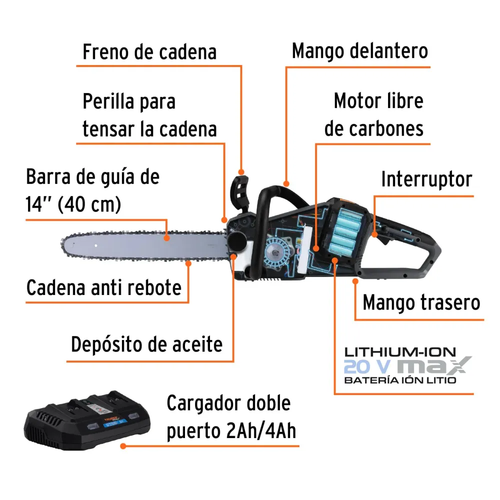 Motosierra inalámbrica 40V, sin carbones, Truper MAX Expert