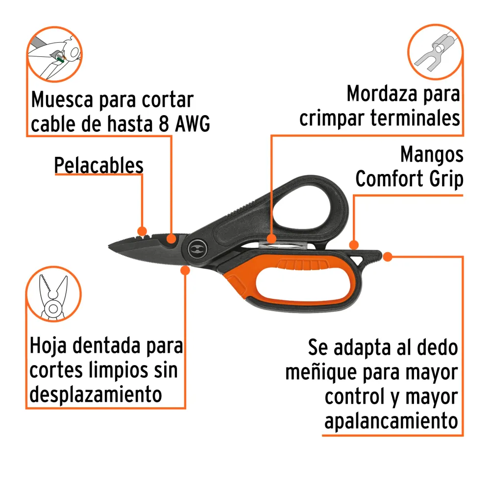 Tijera para electricista, 6", acero inox, oxido negro, Expert
