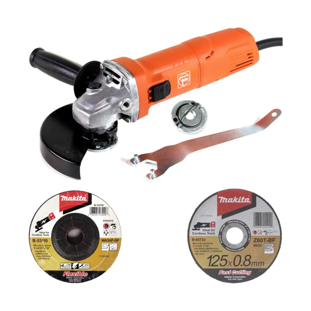 Amoladora angular FEIN WSG 7-125 700W 125mm + tuerca de cierre rápido + discos de corte Makita + discos abrasivos