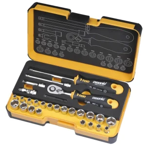 Felo 5782706 - Juego con carraca Ergonic y vasos métrica y pulgadas Felo R-GO 27