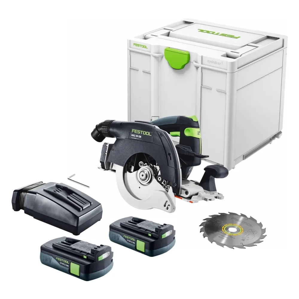Sierra circular sin cable Festool HKC 55 EB-Basic 18 V 160 mm sin escobillas + 2x baterí recargable 3,0 Ah + cargador + Sy...
