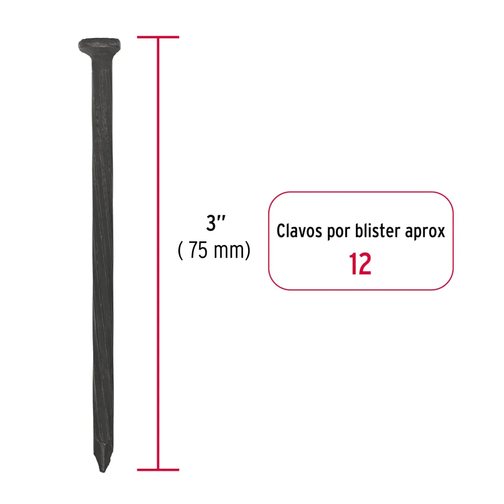 Blíster con 12 clavos negros para concreto 3", Fiero