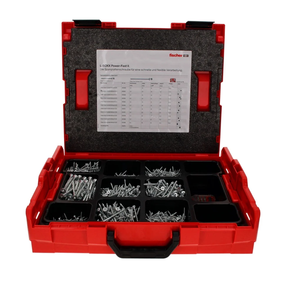 Fischer L-Boxx 102 Power Fast II Juego de tornillos para aglomerado de 1801 piezas (558739) + cabeza avellanada L-Boxx con...