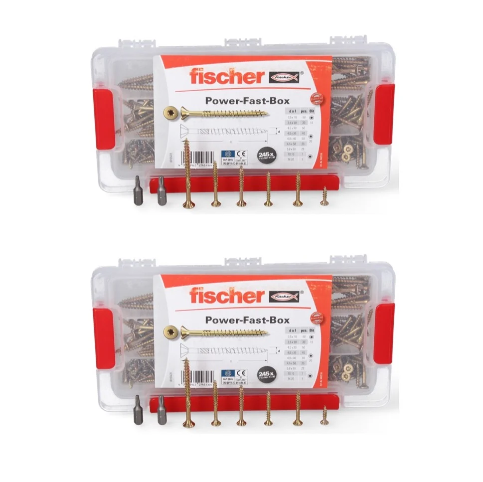 Fischer Power-Fast Box Set 2x 245 piezas 3,5 - 5 mm (2x 667005) cabeza avellanada con doble rosca Torx galvanizado, pasiva...