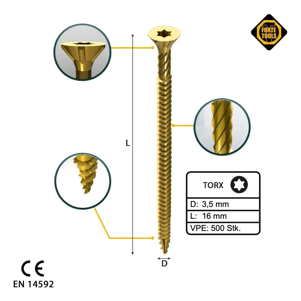 FORTE Tools tornillo universal para madera 3,5 x 16 mm T15 500 piezas (000051399465) cabeza avellanada Torx galvanizada am...