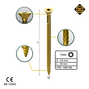 FORTE Tools tornillo universal para madera 3,0 x 20 mm T10 1000 piezas (2x 000051399462) cabeza avellanada Torx galvanizad...