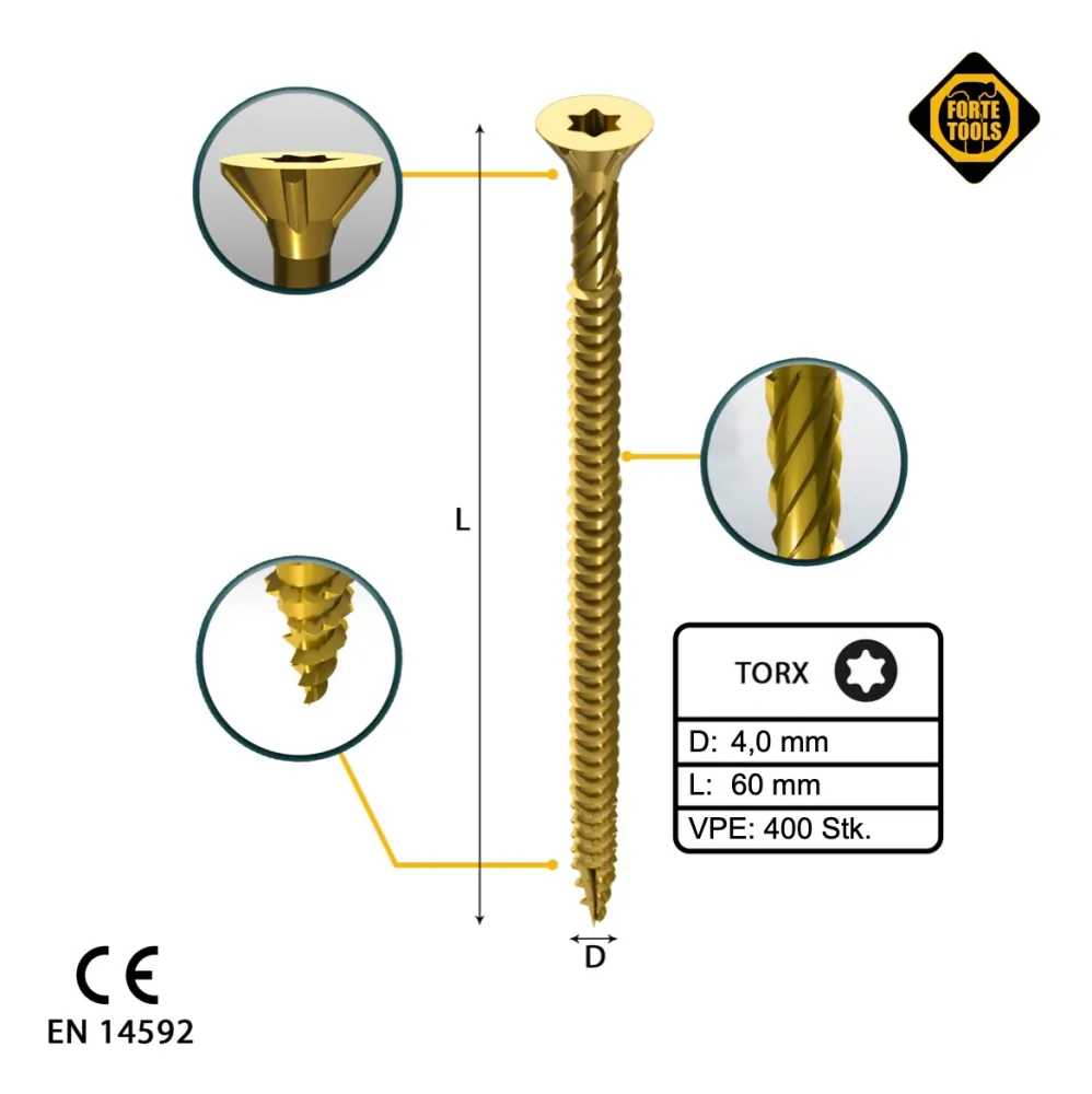 FORTE Tools tornillo universal para madera 4,0 x 60 mm T20 400 piezas (2x 000051399476) cabeza avellanada Torx galvanizada...