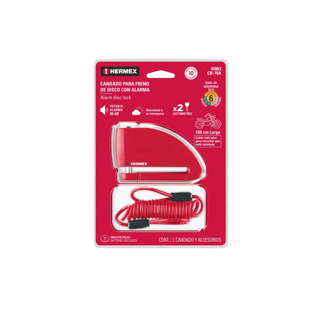 Candado para disco de motocicleta, perno de 7 mm, con alarma Hermex