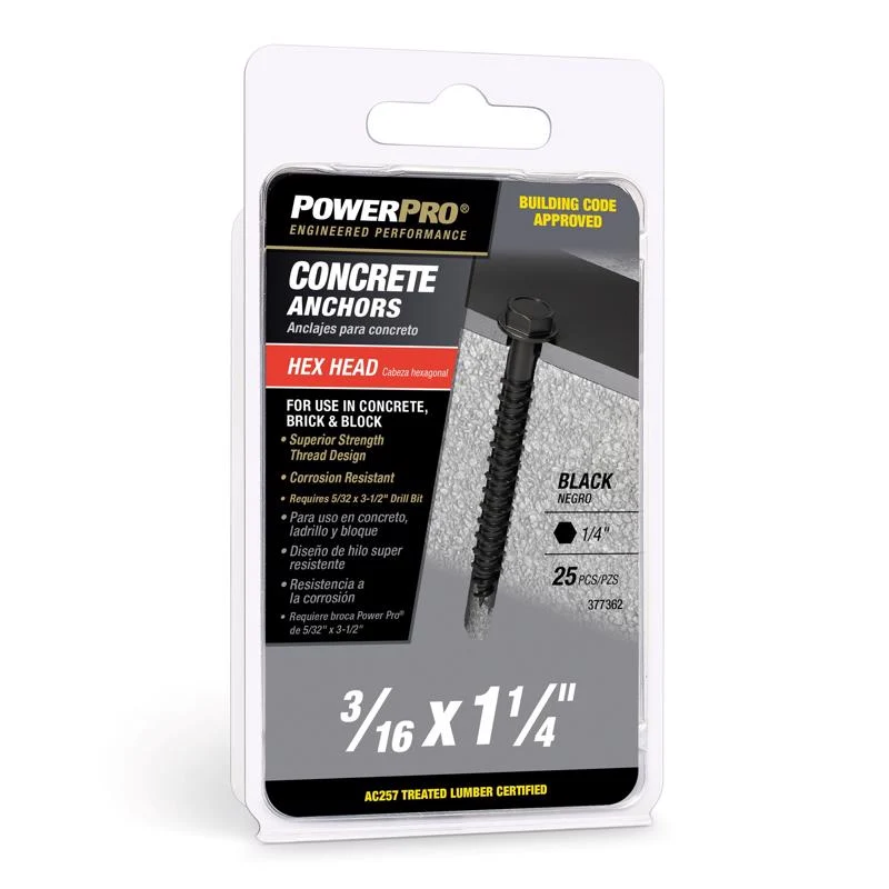 Anclaje de tornillo para concreto Power Pro de cabeza hexagonal de acero al carbono de 3/16 pulg. de diámetro x 1-1/4 pulg...