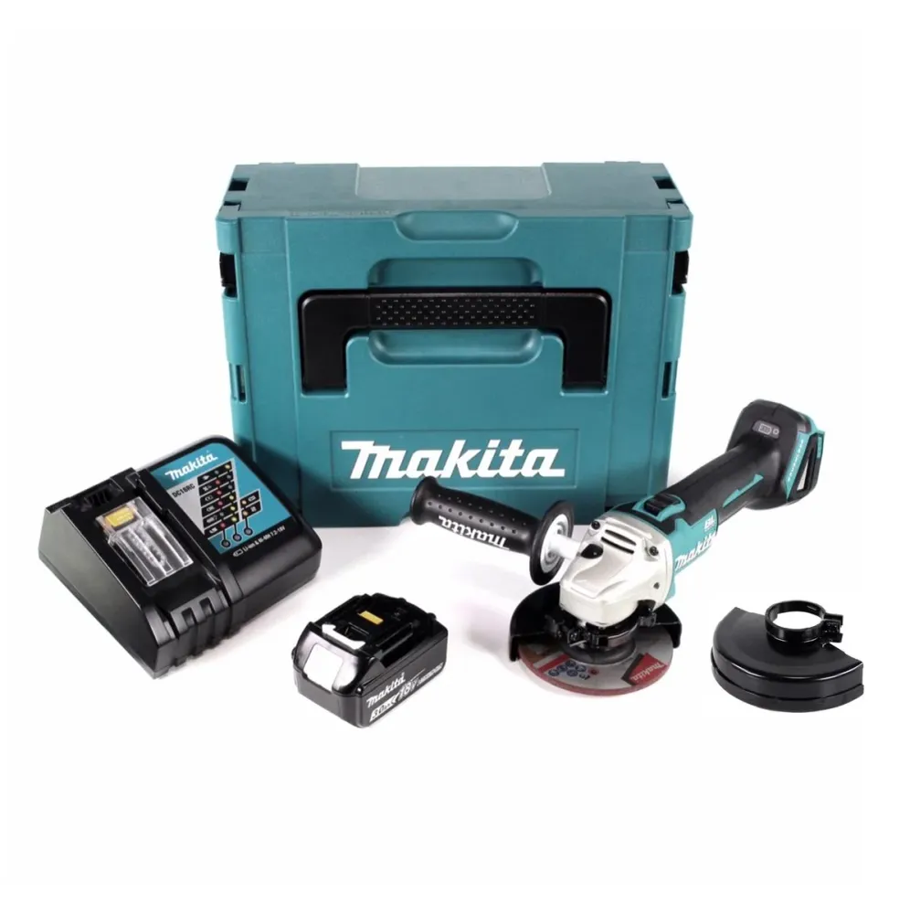 Amoladora angular baterí Makita DGA 504 RF1J 18 V 125 mm sin escobillas + 1x baterí 3.0Ah + cargador + funda protectora +...